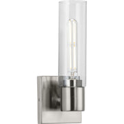 Progress P300299-009 Clarion Collection One-Light Brushed Nickel and Clear Glass Modern Style Bath Vanity Wall Light Main Image.jpg