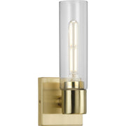 Progress P300299-012 Clarion Collection One-Light Satin Brass and Clear Glass Modern Style Bath Vanity Wall Light Main Image.jpg