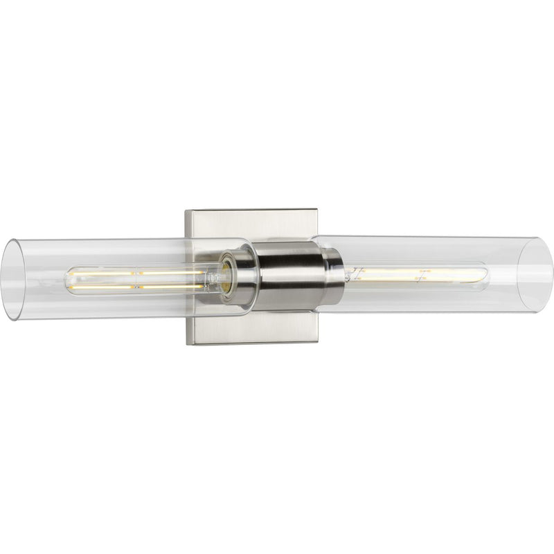 Progress P300300-009 Clarion Collection Two-Light Brushed Nickel and Clear Glass Modern Style Bath Vanity Wall Light Main Image.jpg