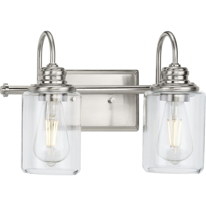Progress P300321-009 Aiken Collection Two-Light Brushed Nickel Clear Glass Farmhouse Style Bath Vanity Wall Light Main Image.jpg