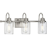 Progress P300322-009 Aiken Collection Three-Light Clear Glass Brushed Nickel Farmhouse Style Bath Vanity Wall Light Main Image.jpg