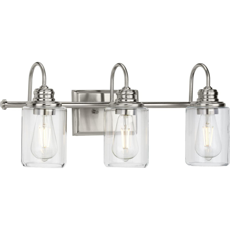Progress P300322-009 Aiken Collection Three-Light Clear Glass Brushed Nickel Farmhouse Style Bath Vanity Wall Light Main Image.jpg