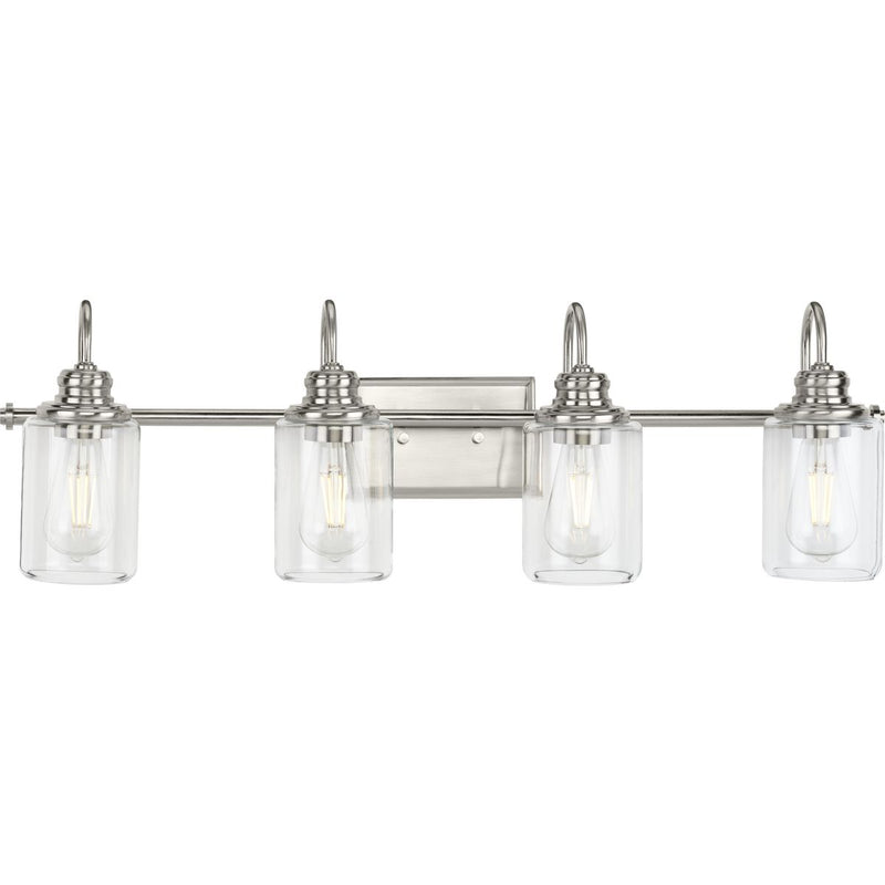 Progress P300323-009 Aiken Collection Four-Light Brushed Nickel Clear Glass Farmhouse Style Bath Vanity Wall Light Main Image.jpg