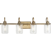 Progress P300323-163 Aiken Collection Four-Light Vintage Style Brass Clear Glass Farmhouse Style Bath Vanity Wall Light Main Image.jpg