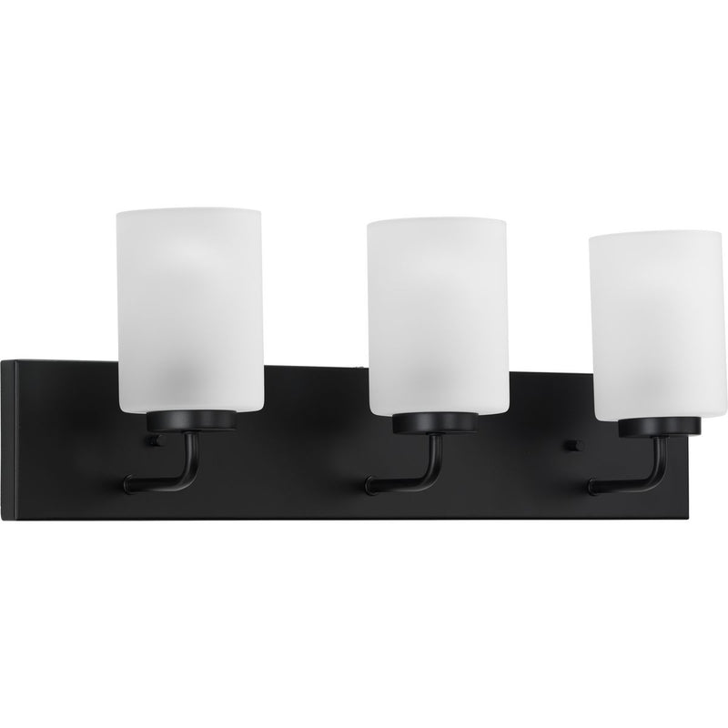 Progress P300329-031 Merry Collection Three-Light Matte Black and Etched Glass Transitional Style Bath Vanity Wall Light Main Image.jpg
