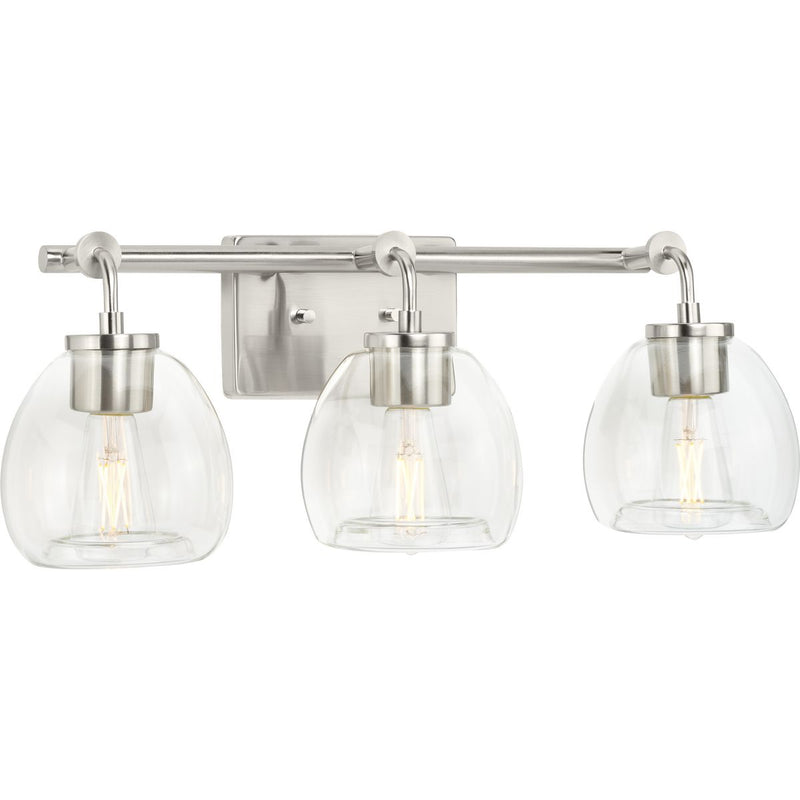 Progress P300347-009 Caisson Collection Three-Light Brushed Nickel Clear Glass Urban Industrial Bath Vanity Light Main Image.jpg