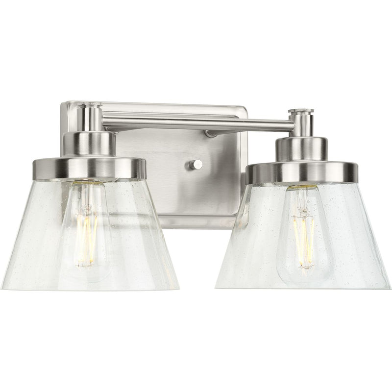 Progress P300349-009 Hinton Collection Two-Light Brushed Nickel Clear Seeded Glass Farmhouse Bath Vanity Light Main Image.jpg
