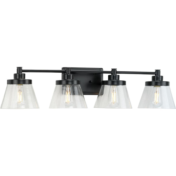 Progress P300351-31M Hinton Collection Four-Light Matte Black Clear Seeded Glass Farmhouse Bath Vanity Light Main Image.jpg