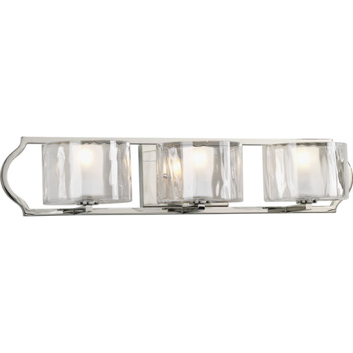 Progress P3077-104WB Caress Collection Three-Light Polished Nickel Clear Water Glass Luxe Bath Vanity Light Main Image.jpg