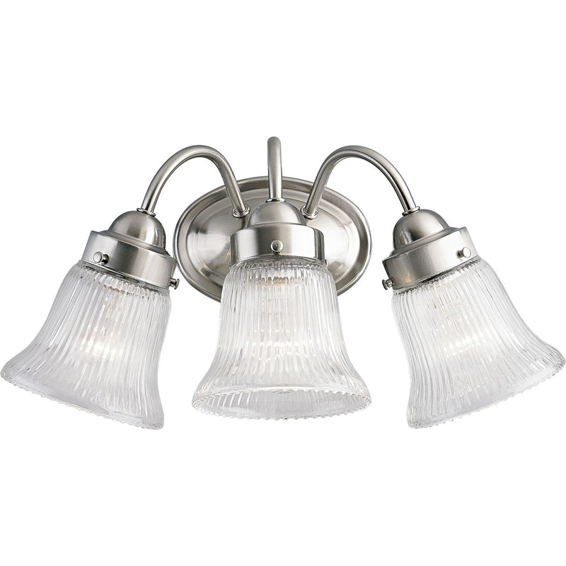 Progress P3289-09 Fluted Glass Collection Three-Light Brushed Nickel Clear Prismatic Glass Traditional Bath Vanity Light Main Image.jpg