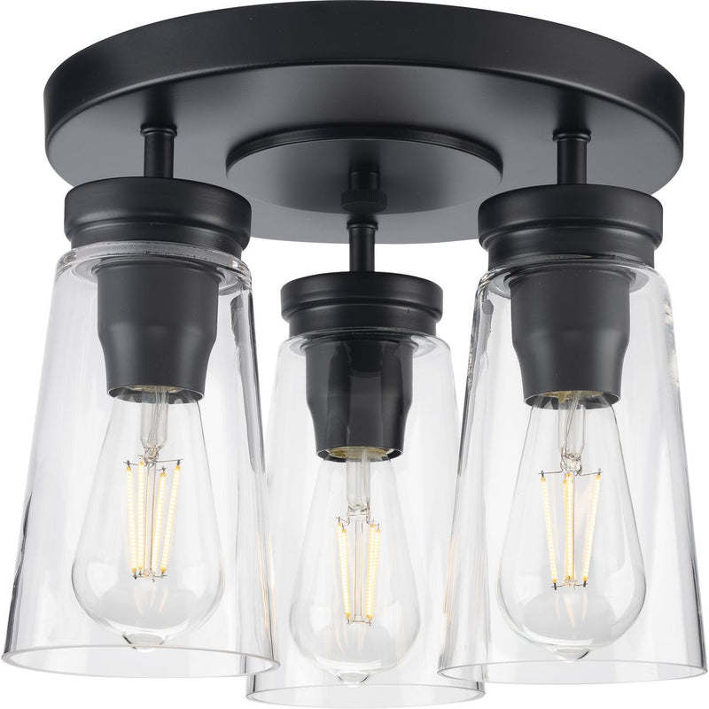 Progress P350181-031 Stockbrace Collection Three-Light Matte Black and Clear Glass Farmhouse Style Flush Mount Ceiling Light Main Image.jpg