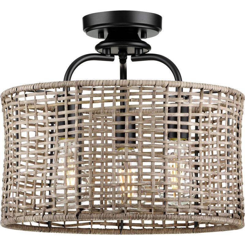 Progress P350183-031 Lavelle Collection Three-Light Matte Black and Mocha finish Rattan Convertible Semi-Flush Ceiling or Hanging Pendant Light Main Image.jpg