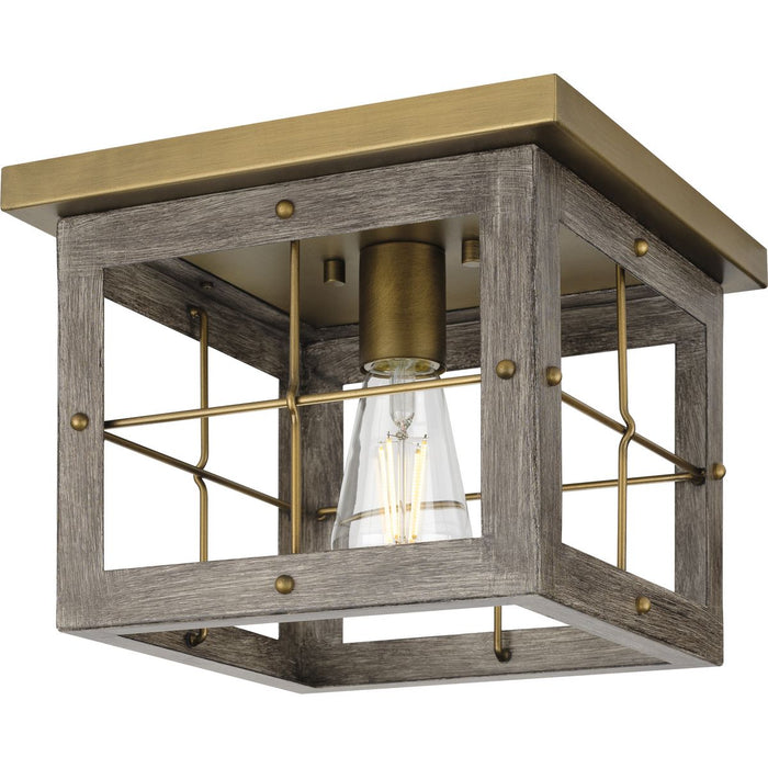 Progress P350197-175 Hedgerow Collection One-Light Distressed Brass and Aged Oak Farmhouse Style Flush Mount Ceiling Light Main Image.jpg