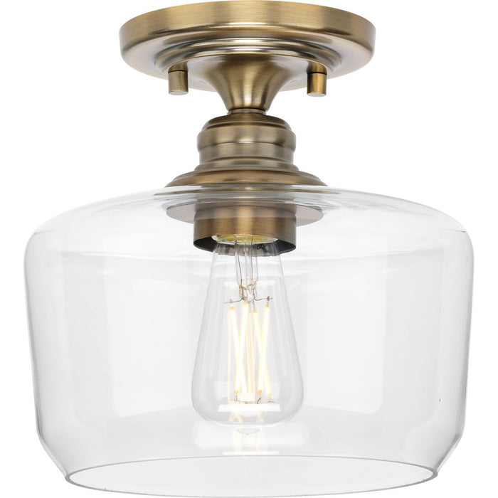 Progress P350214-163 Aiken Collection  One-Light Vintage Brass Clear Glass Farmhouse Flush Mount Light Main Image.jpg