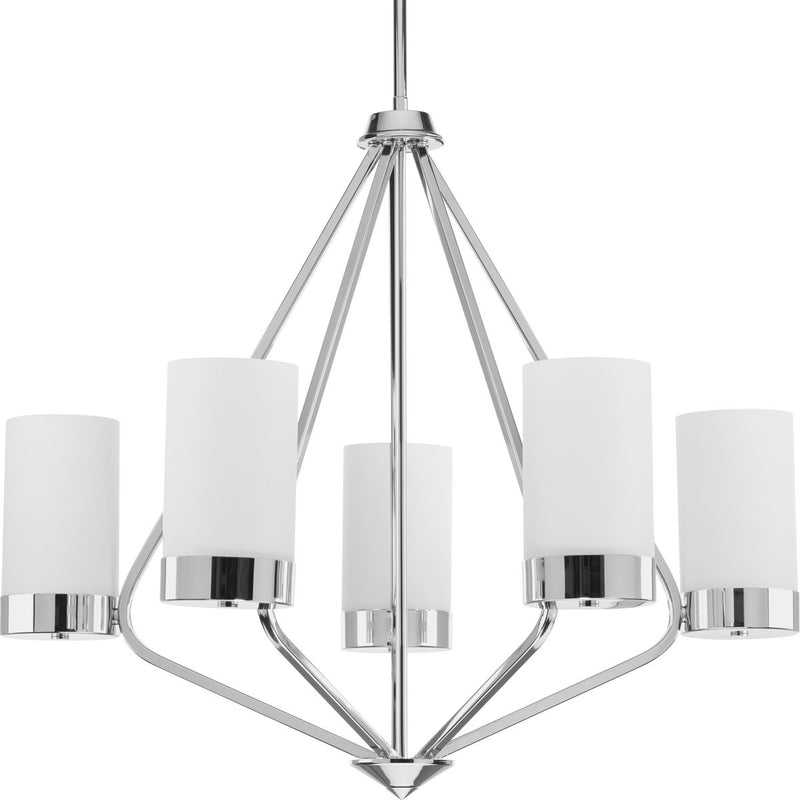 Progress P400022-015 Elevate Collection Five-Light Polished Chrome Etched White Glass Mid-Century Modern Chandelier Light Main Image.jpg
