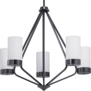 Progress P400022-031 Elevate Collection Five-Light Matte Black Etched White Glass Mid-Century Modern Chandelier Light Main Image.jpg