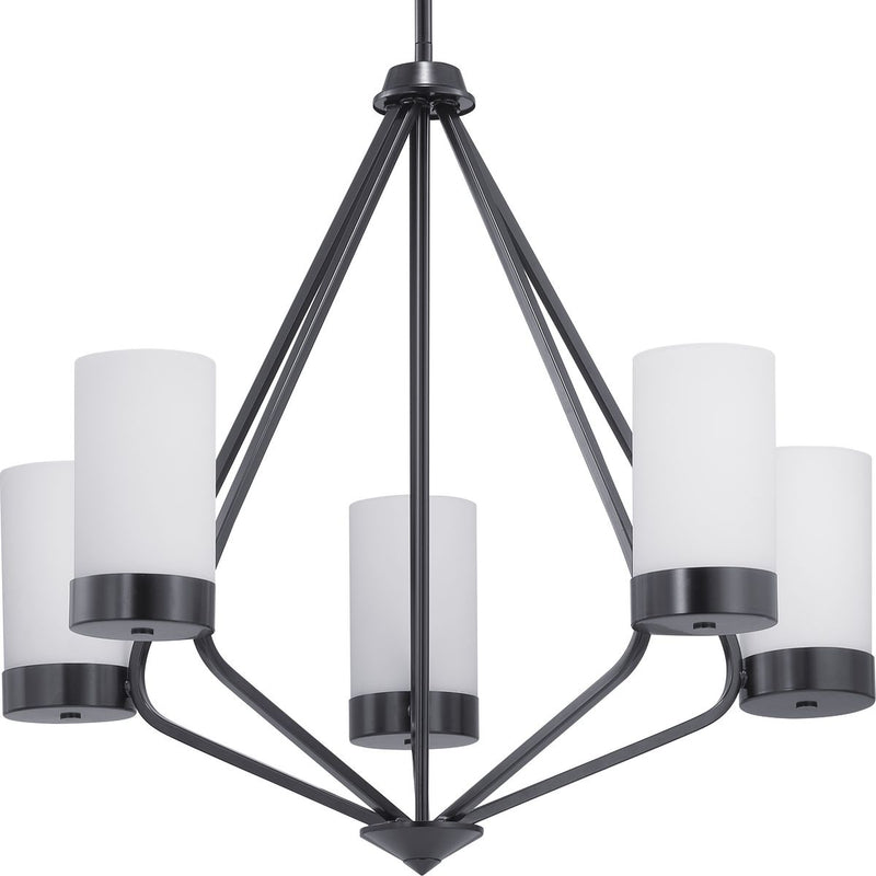 Progress P400022-031 Elevate Collection Five-Light Matte Black Etched White Glass Mid-Century Modern Chandelier Light Main Image.jpg