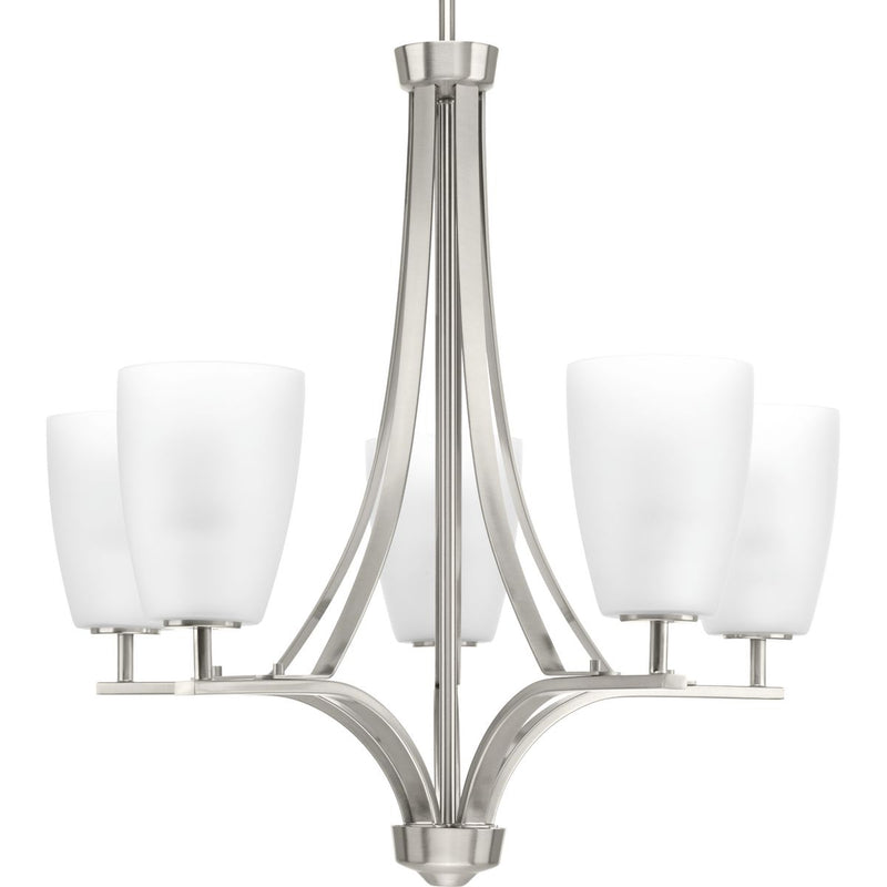 Progress P400043-009 Leap Collection Five-Light Brushed Nickel Etched Opal Glass Modern Chandelier Light Main Image.jpg