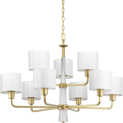 Progress P400099-078 Palacio Collection Nine-Light Vintage Gold White Silk Fabric Shade Luxe Chandelier Light Main Image.jpg