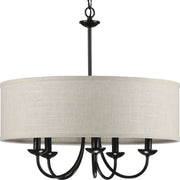 Progress P400193-031 Drum Shade Collection Five-Light Matte Black Harvest Linen Shade Farmhouse Chandelier Light Main Image.jpg