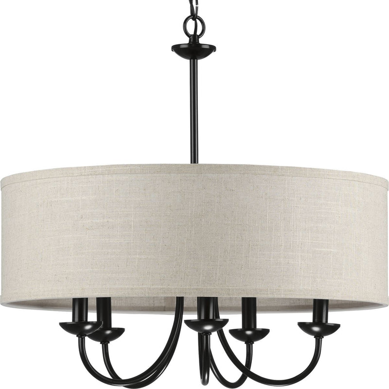 Progress P400193-031 Drum Shade Collection Five-Light Matte Black Harvest Linen Shade Farmhouse Chandelier Light Main Image.jpg