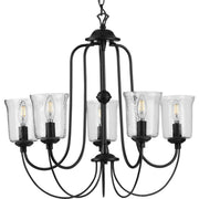 Progress P400194-031 Bowman Collection Five-Light Matte Black Clear Chiseled Glass Coastal Chandelier Light Main Image.jpg