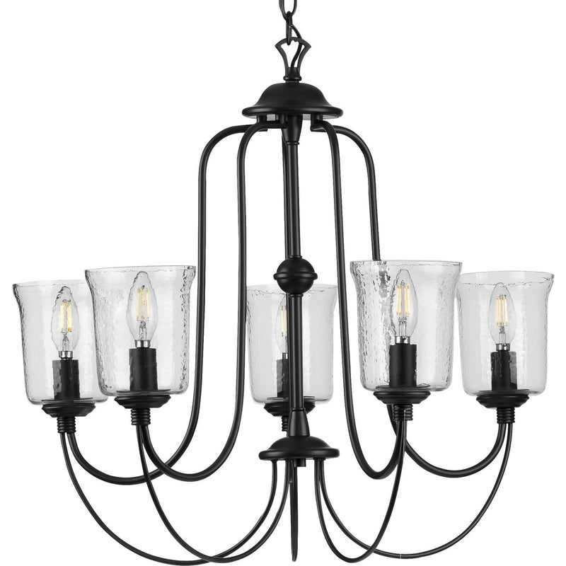 Progress P400194-031 Bowman Collection Five-Light Matte Black Clear Chiseled Glass Coastal Chandelier Light Main Image.jpg