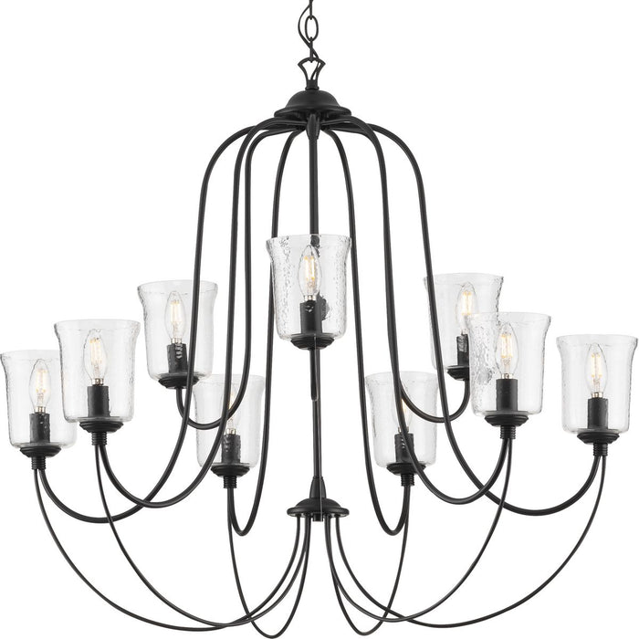 Progress P400196-031 Bowman Collection Nine-Light Matte Black Clear Chiseled Glass Coastal Chandelier Light Main Image.jpg