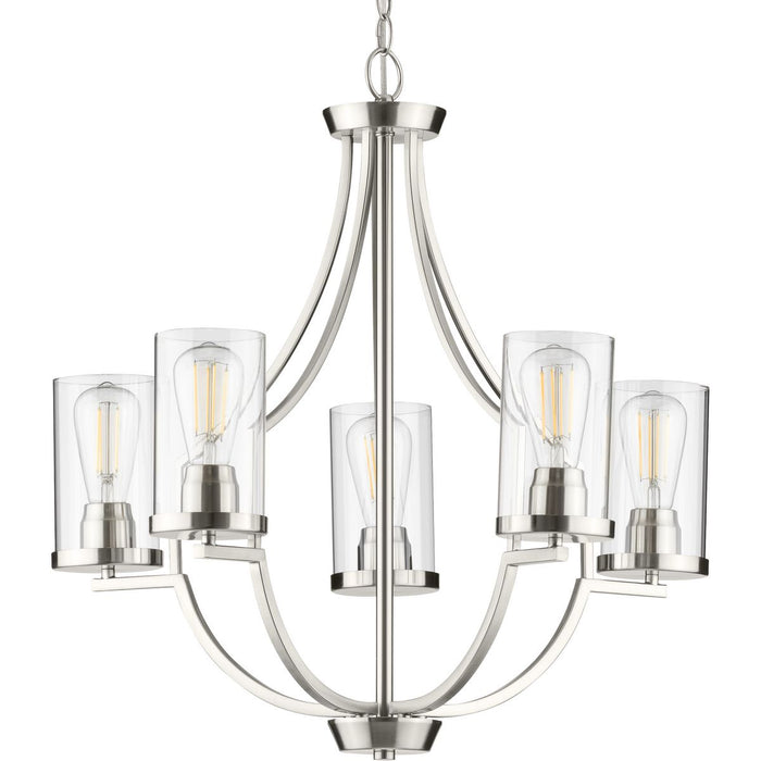 Progress P400197-009 Lassiter Collection Five-Light Brushed Nickel Clear Glass Modern Chandelier Light Main Image.jpg