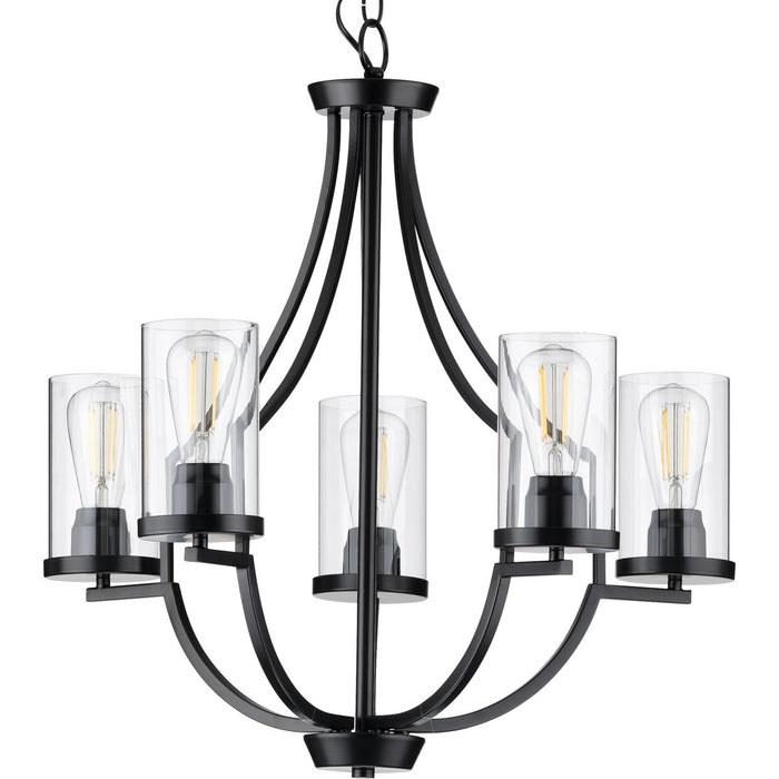 Progress P400197-031 Lassiter Collection Five-Light Matte Black Clear Glass Modern Chandelier Light Main Image.jpg