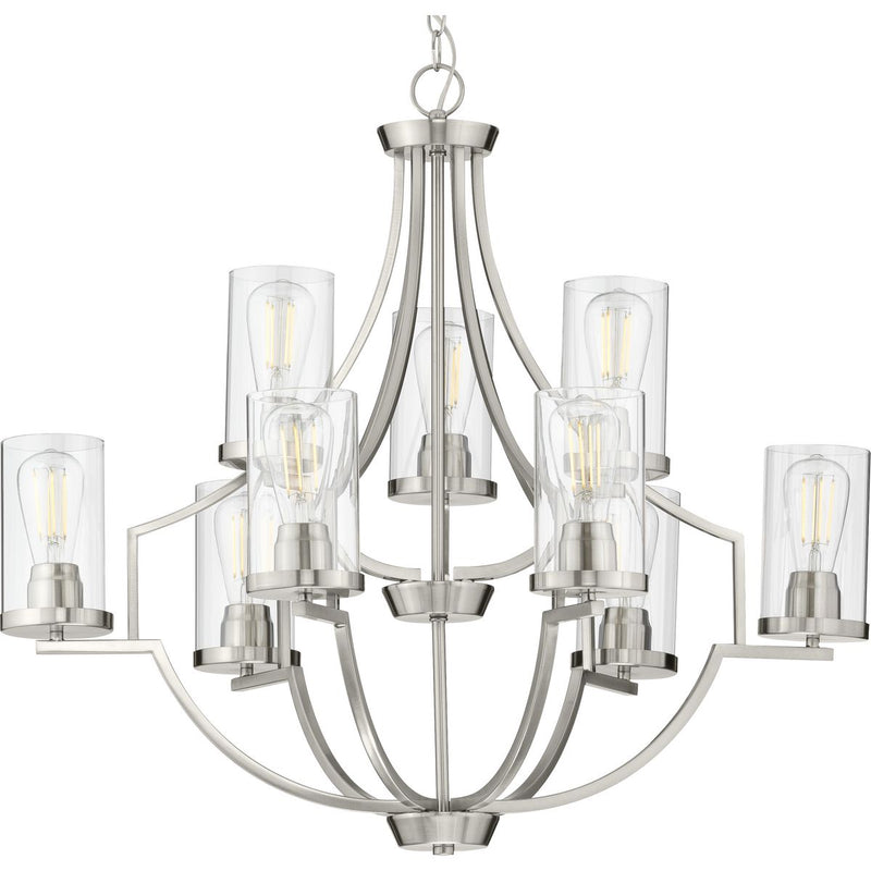Progress P400198-009 Lassiter Collection Nine-Light Brushed Nickel Clear Glass Modern Chandelier Light Main Image.jpg
