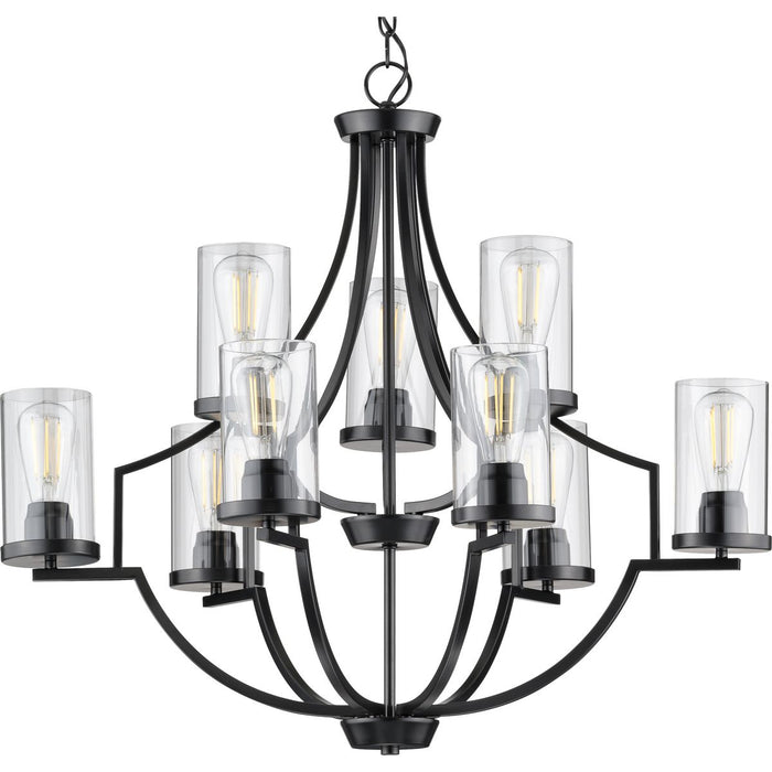 Progress P400198-031 Lassiter Collection Nine-Light Matte Black Clear Glass Modern Chandelier Light Main Image.jpg