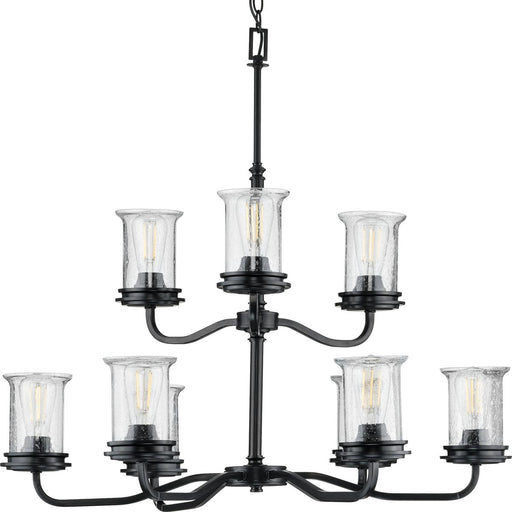 Progress P400208-031 Winslett Collection Nine-Light Matte Black Clear Seeded Glass Coastal Chandelier Light Main Image.jpg