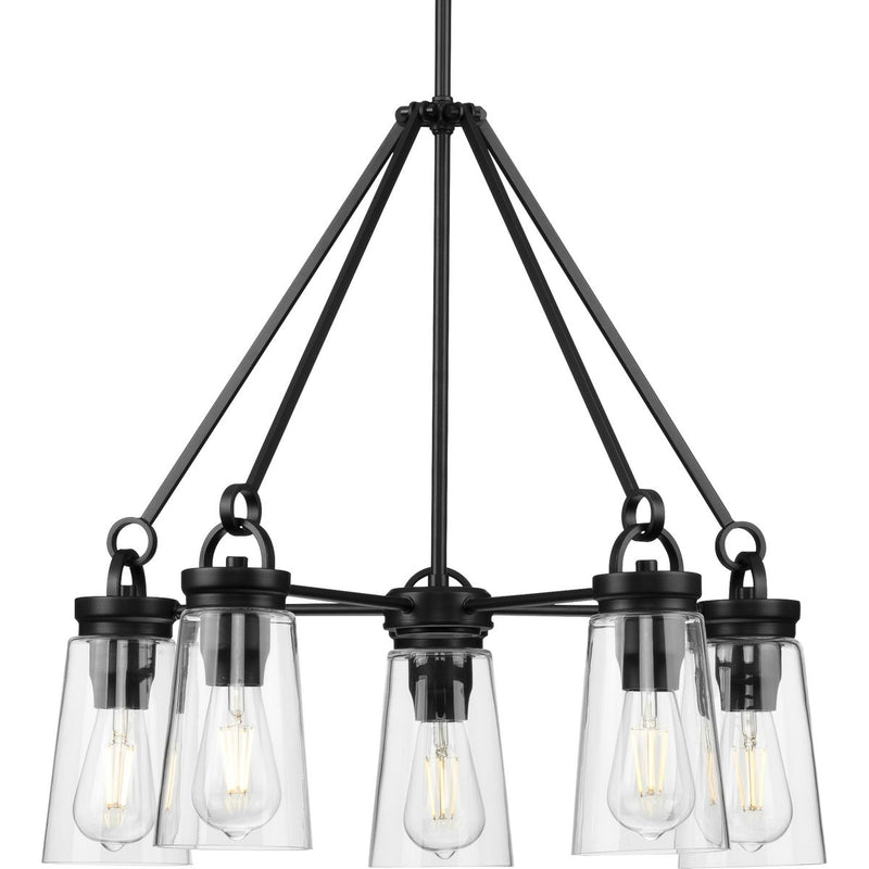 Progress P400243-031 Stockbrace Collection Five-Light Matte Black and Clear Glass Farmhouse Style Chandelier Light Main Image.jpg
