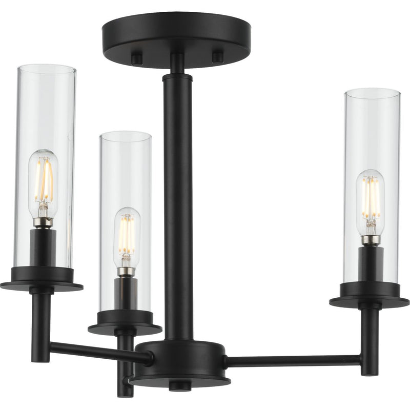 Progress P400250-031 Kellwyn Collection Three-Light Matte Black and Clear Glass Transitional Style Convertible Semi-Flush Ceiling or Hanging Pendant Light Main Image.jpg