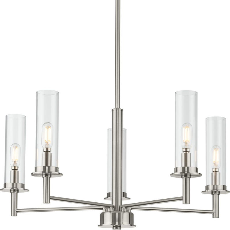 Progress P400251-009 Kellwyn Collection Five-Light Brushed Nickel and Clear Glass Transitional Style Chandelier Light Main Image.jpg