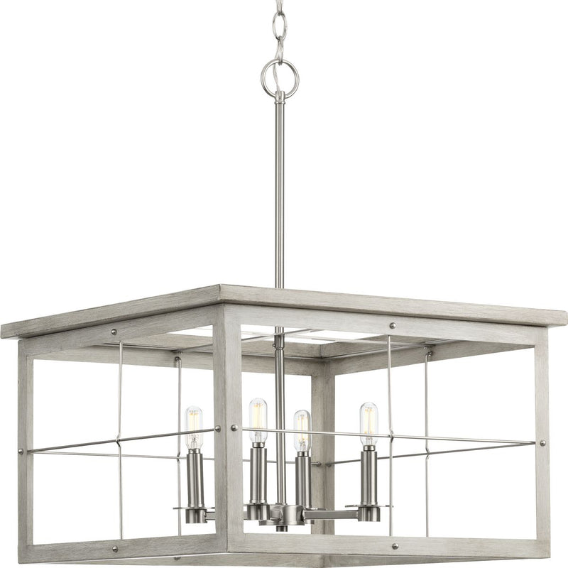Progress P400253-009 Hedgerow Collection Four-Light Brushed Nickel and Grey Washed Oak Farmhouse Style Chandelier Light Main Image.jpg