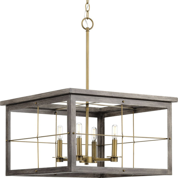 Progress P400253-175 Hedgerow Collection Four-Light Distressed Brass and Aged Oak Farmhouse Style Chandelier Light Main Image.jpg