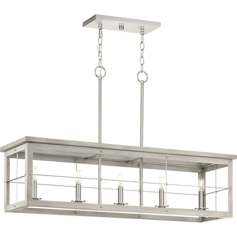 Progress P400254-009 Hedgerow Collection Five-Light Brushed Nickel and Grey Washed Oak Farmhouse Style Linear Island Chandelier Light Main Image.jpg
