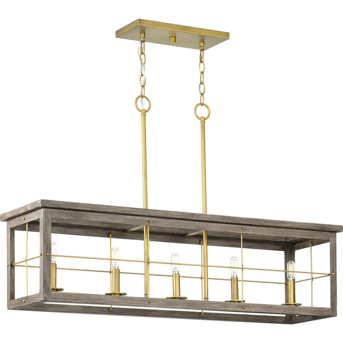 Progress P400254-175 Hedgerow Collection Five-Light Distressed Brass and Aged Oak Farmhouse Style Linear Island Chandelier Light Main Image.jpg