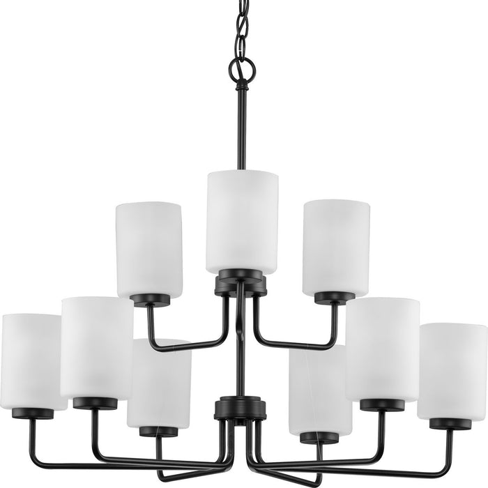 Progress P400276-031 Merry Collection Nine-Light Matte Black and Etched Glass Transitional Style Chandelier Light Main Image.jpg