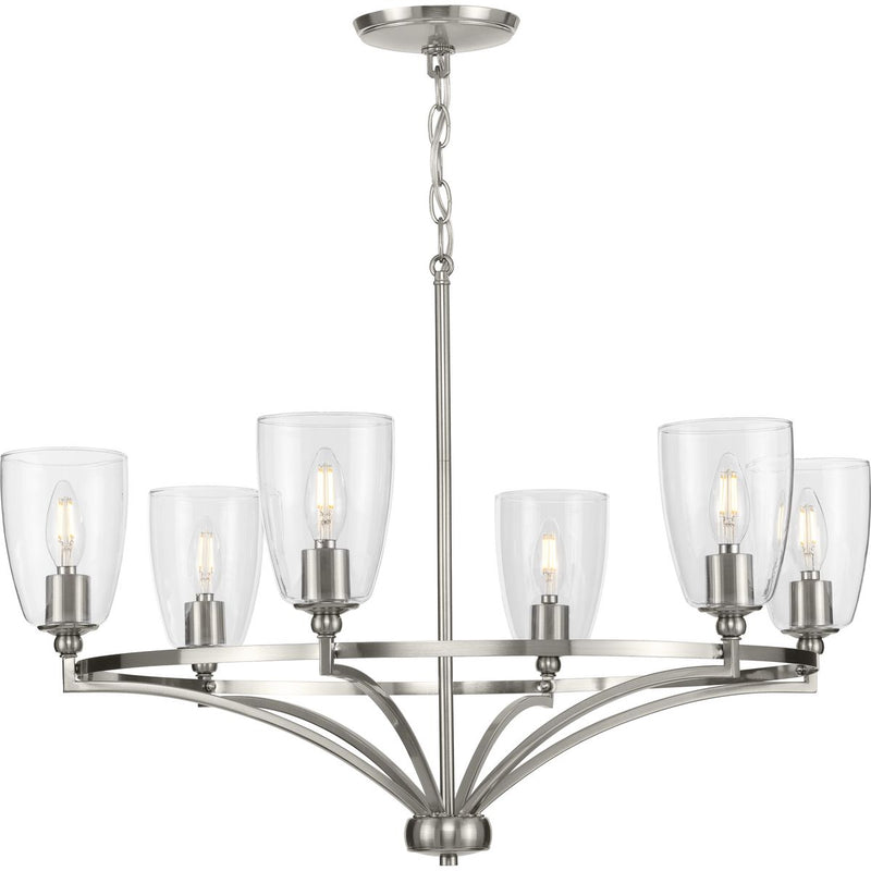 Progress P400297-009 Parkhurst Collection Six-Light New Traditional Brushed Nickel Clear Glass Chandelier Light Main Image.jpg