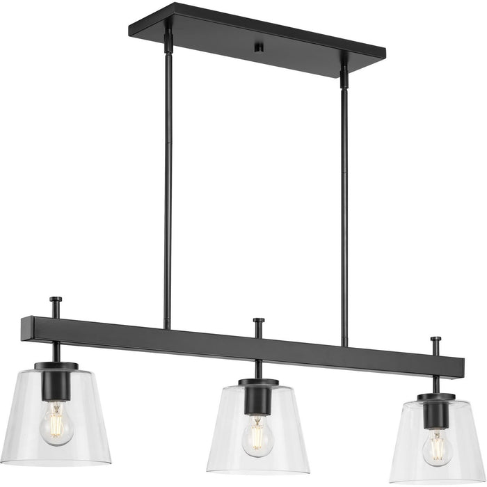 Progress P400298-31M Saffert Collection Three-Light New Traditional Matte Black Clear Glass Linear Island Chandelier Light Main Image.jpg