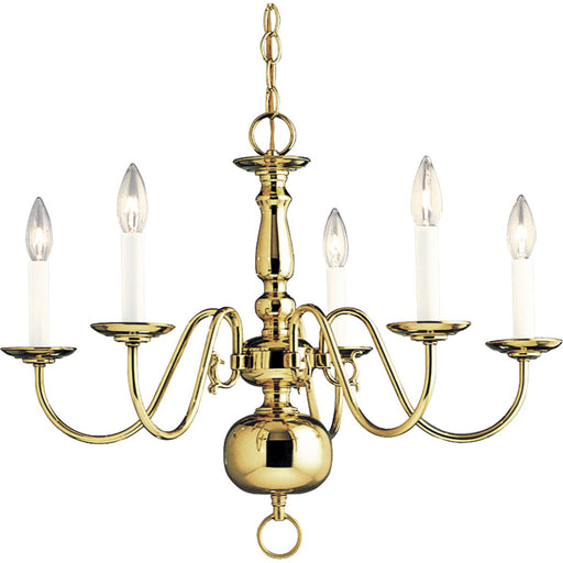 Progress P4355-10 Americana Collection Five-Light Polished Brass White Candle Traditional Chandelier Light Main Image.jpg