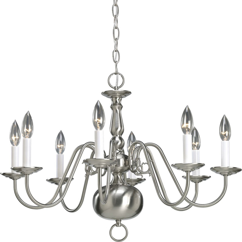 Progress P4357-09 Americana Collection Eight-Light Brushed Nickel White Candle Traditional Chandelier Light Main Image.jpg