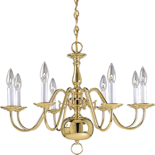 Progress P4357-10 Americana Collection Eight-Light Polished Brass White Candle Traditional Chandelier Light Main Image.jpg