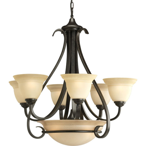 Progress P4417-77 Torino Collection Six-Light Forged Bronze Tea-Stained Glass Transitional Chandelier Light Main Image.jpg