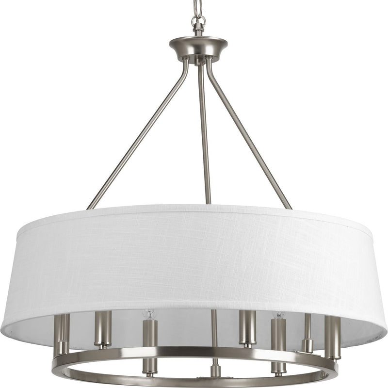 Progress P4618-09 Cherish Collection Six-Light Brushed Nickel White Linen Shade Coastal Chandelier Light Main Image.jpg