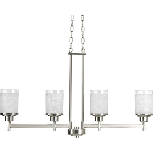 Progress P4619-09 Alexa Collection Four-Light Brushed Nickel Etched Linen With Clear Edge Glass Modern Linear Chandelier Light Main Image.jpg