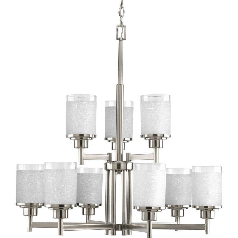 Progress P4626-09 Alexa Collection Nine-Light Brushed Nickel Etched Linen With Clear Edge Glass Modern Chandelier Light Main Image.jpg